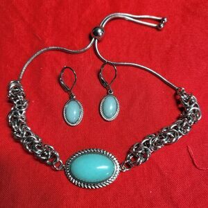 Blue Chalcedony Solitaire Stainless Steel Byzantine Bracelet and Earrings Set